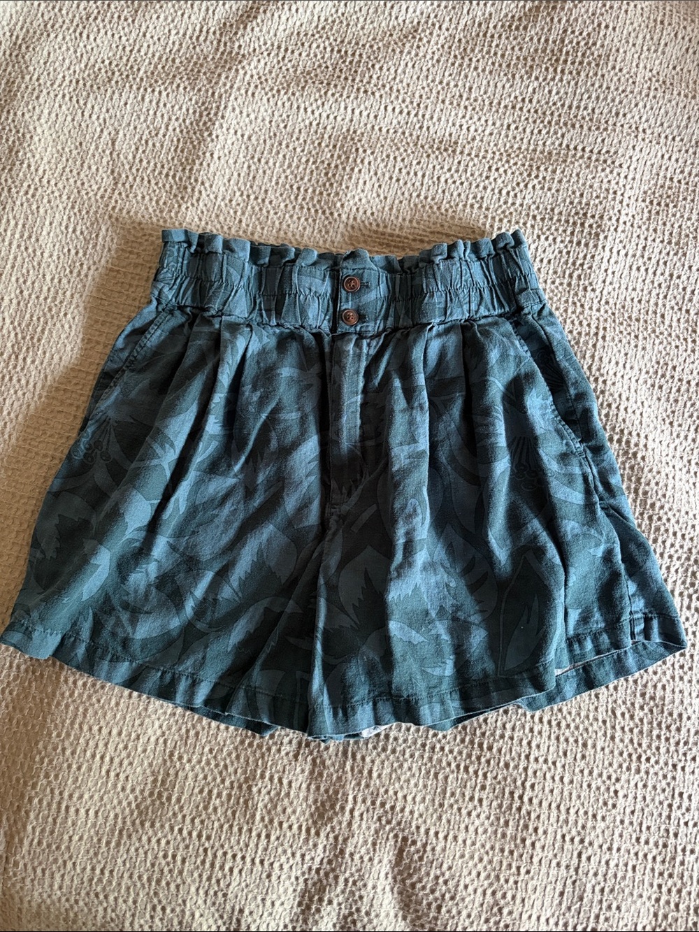 Madewell Linen Blend High-Waist Teal Floral Print Women's Shorts. M - Picture 2 of 6